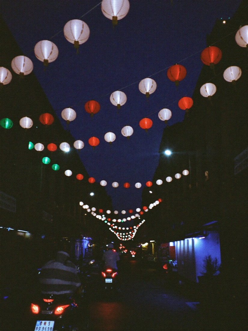Lantern-lit street in Hanoi's old quarter at night