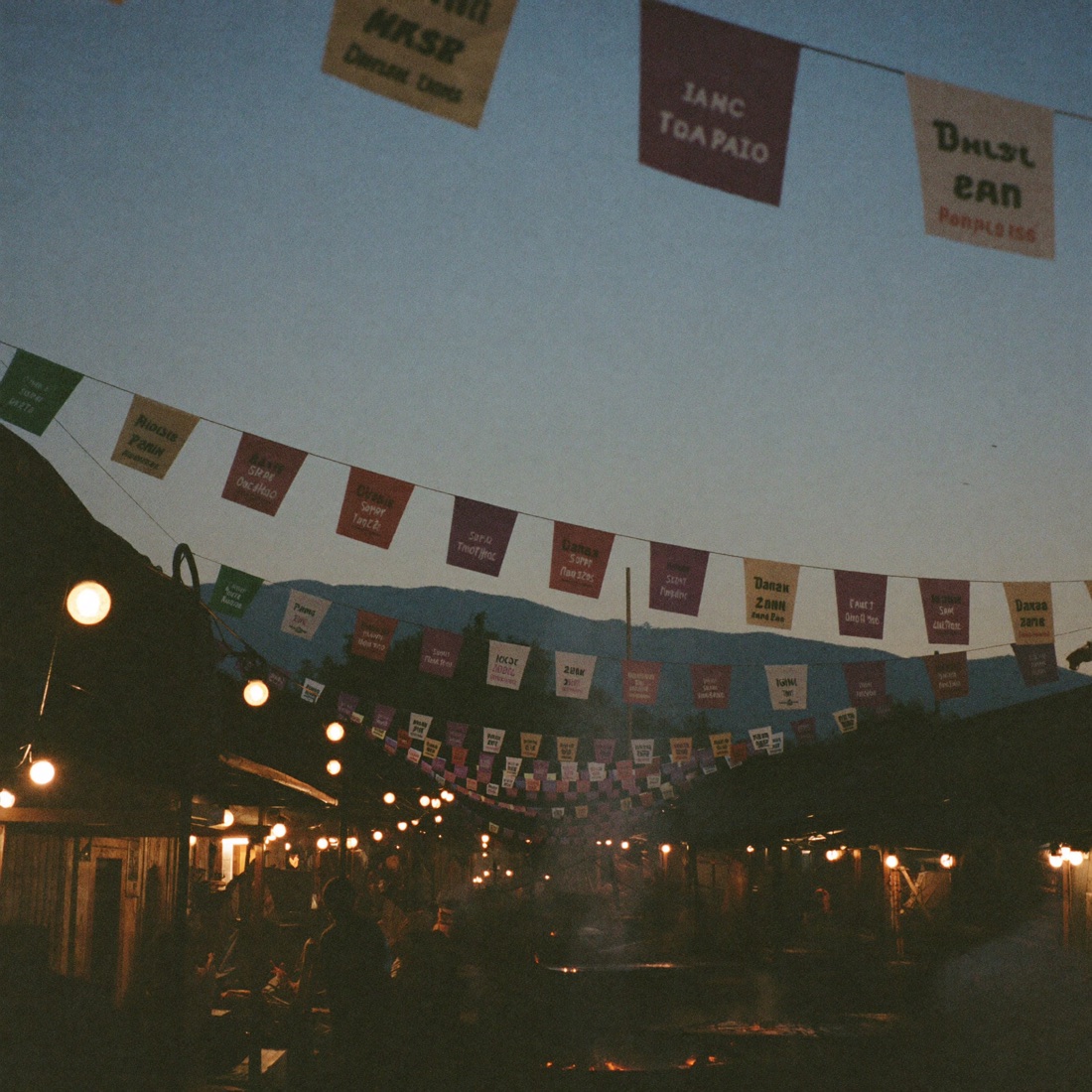 Street food market in Oaxaca at dusk under papel picado