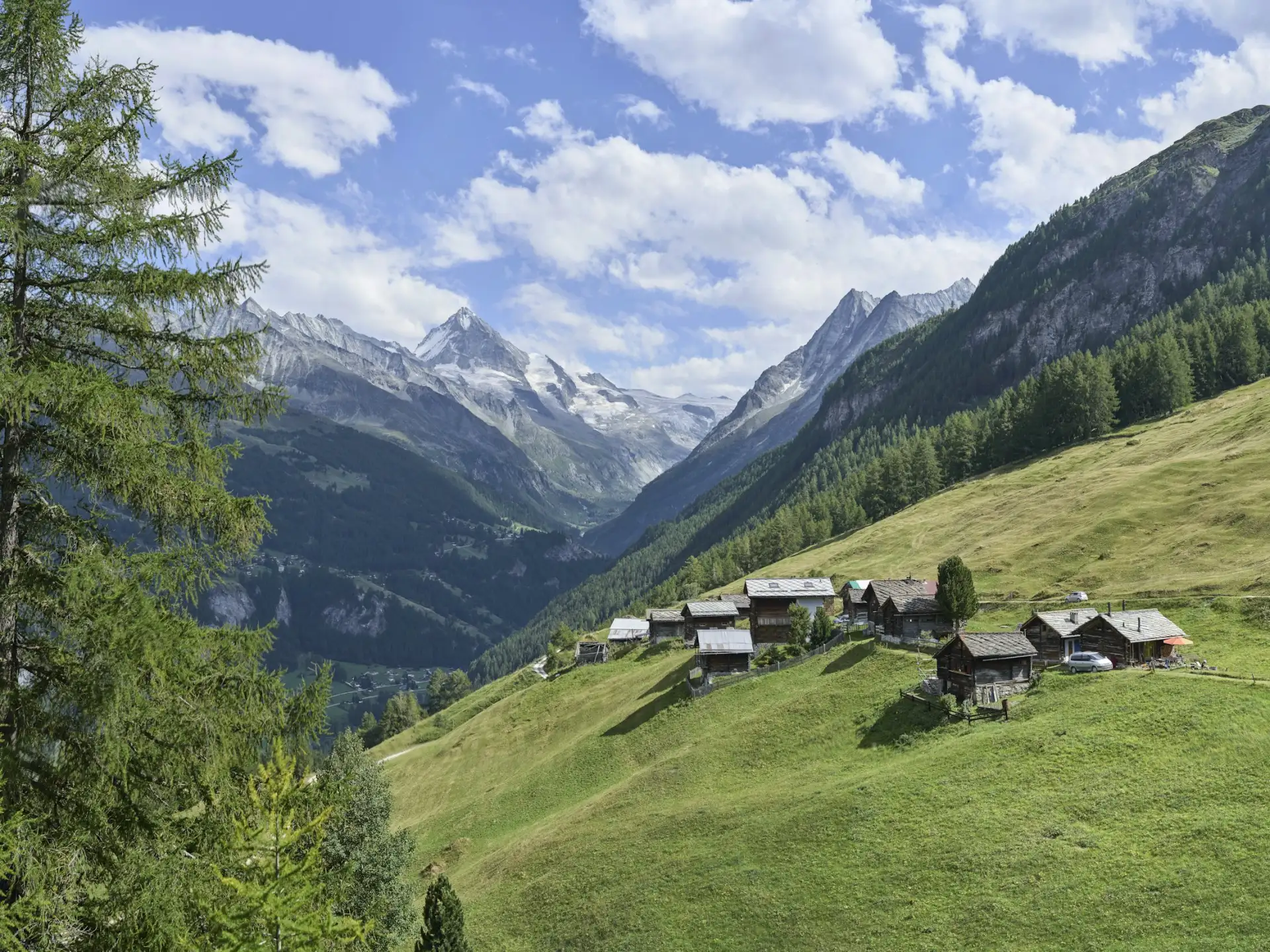 Wooden chalets on a green slope in the Swiss Alps